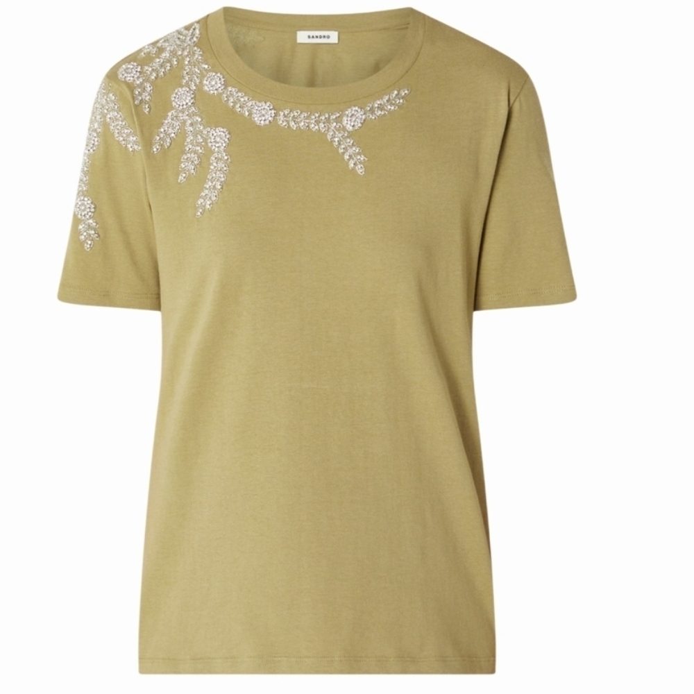 Sandro Rhinestone Embellished Olive Green Women's Top Tee- Shirt Size Medium